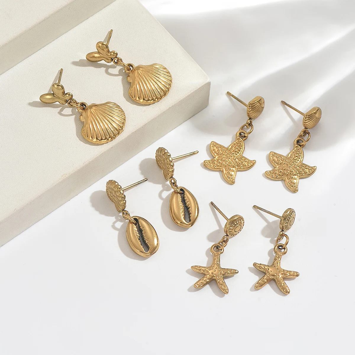 1pcs Stainless Steel Ocean Stud for Women Simple Vacation 18K Gold Plated Starfish Seashell Geometric Earrings Jewelry