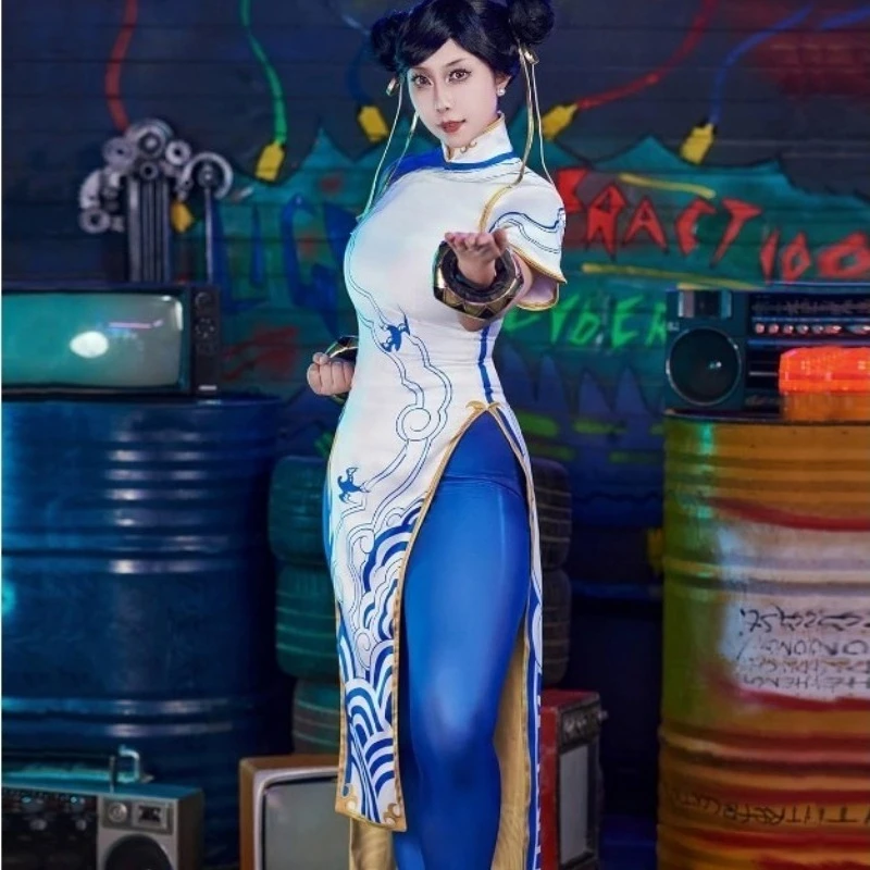 

Костюм Chun-Li, уличный костюм для косплея, синий Cheongsam, платье в китайском стиле для женщин, наряд для ролевых игр, тематическая вечеринка