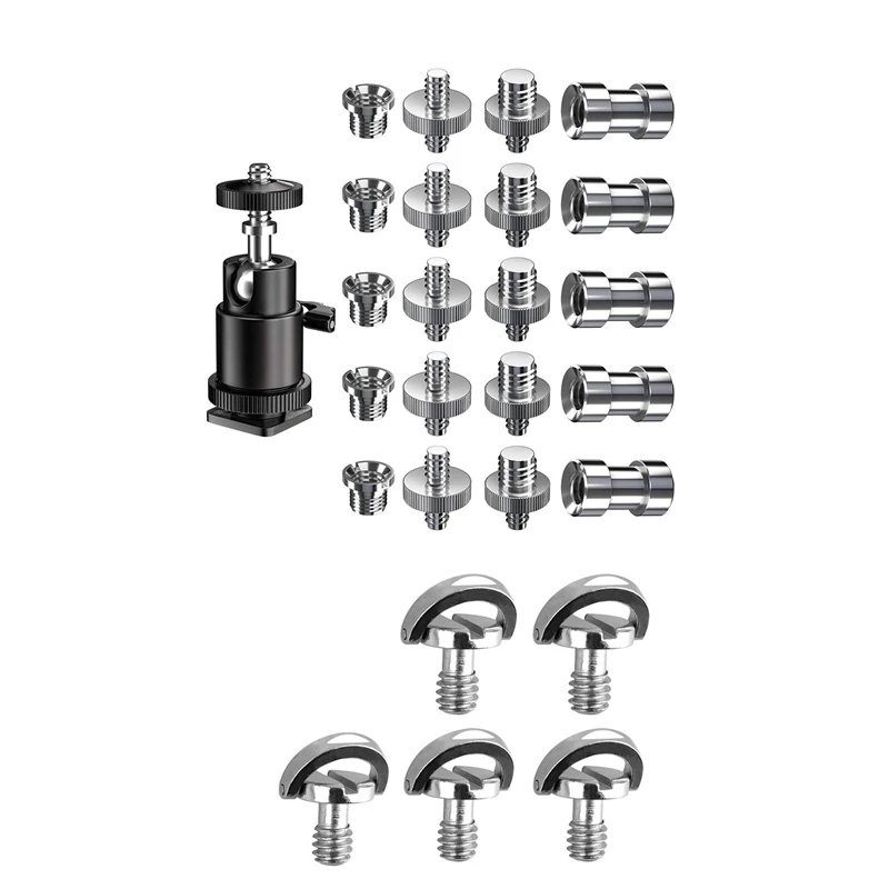 21Pcs Hot Shoe Adapter Mount Camera Ball Head Set & 5Pcs 1/4 Inch Plate Mounting Screw D-Ring Screw Adapter