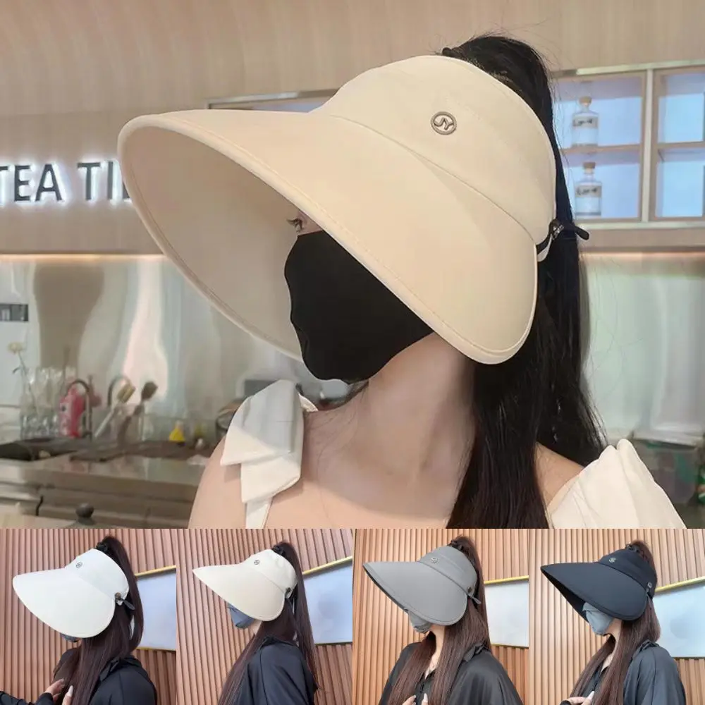 Summer Women Sun Hat Large Brim Empty Top Beach Fisherman Hats UV Protection Easy Storage Ponytail Cap for Outdoor Travel