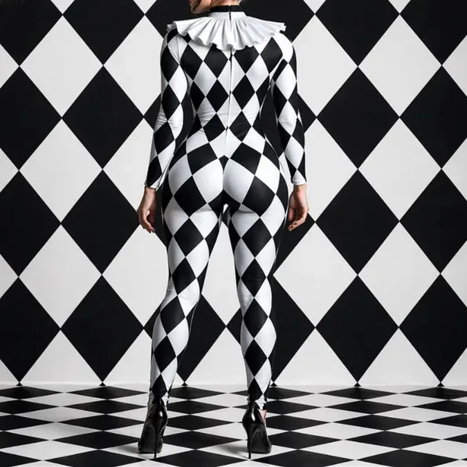 IOOTIANY Diamantgitter-Clown-Zentai-Jumpsuit, Spatenmuster-Gestreifter Zirkus-Bodysuit, Unregelmäßiges Bühnenkostüm für Halloween-Party-Aufführungen – Detail 4