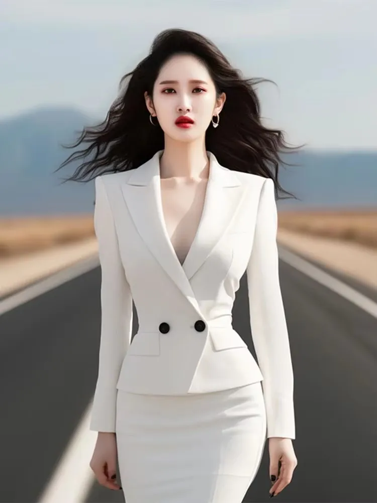 

2PCS NEW Spring Autumn Women's Elegant Blazers Bodycon Skirt Set Office Lady Long Sleeve Temperament Casual Fashion Suit Femme
