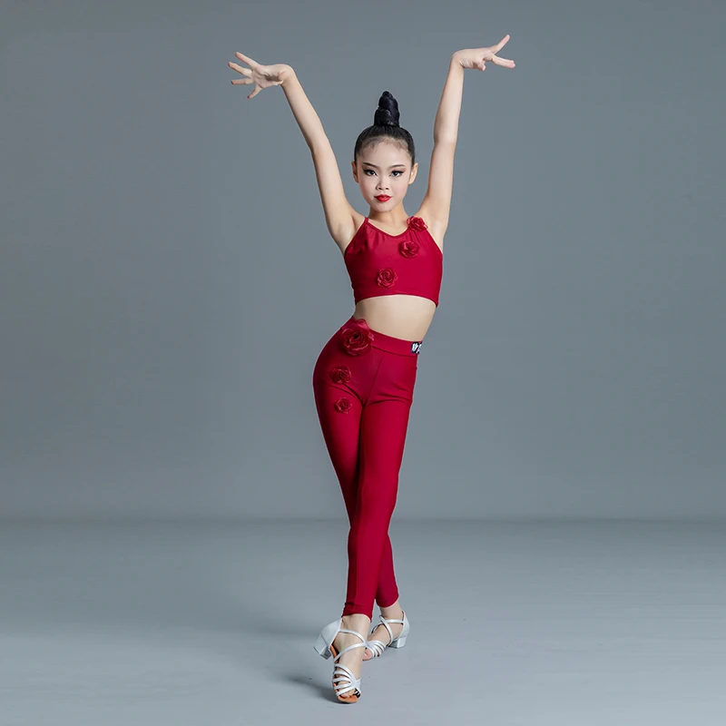 Children\'S Latin Dance Clothes Girls Red Latin Top Skirt Pants Performance Dance Costume Ballroom Dance Competition Wear SL8579