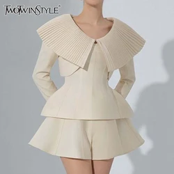 TWOTWINSTYLE Solid Three Piece Set For Women O Neck Long Sleeve Elegant Coat Square Collar Vest Chic Shorts Slim Sets Female New