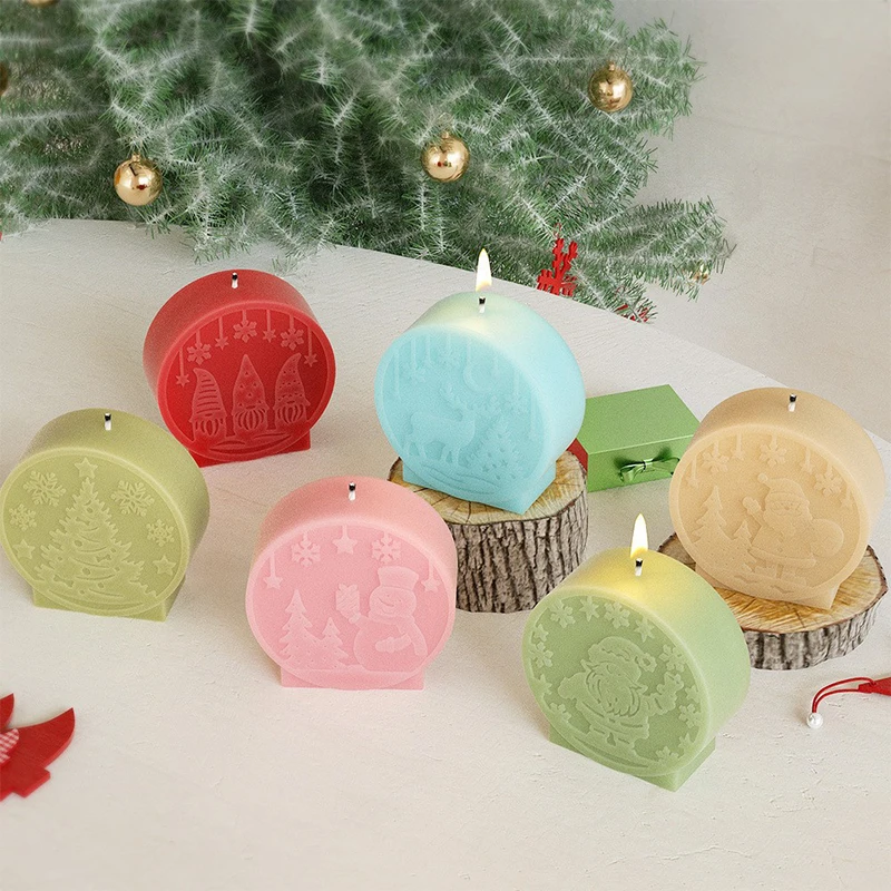 Round Christmas Candle Silicone Mold Santa Claus Snowmen Xmas Tree Plaster Epoxy Resin Soap Making Mold New Year Gift