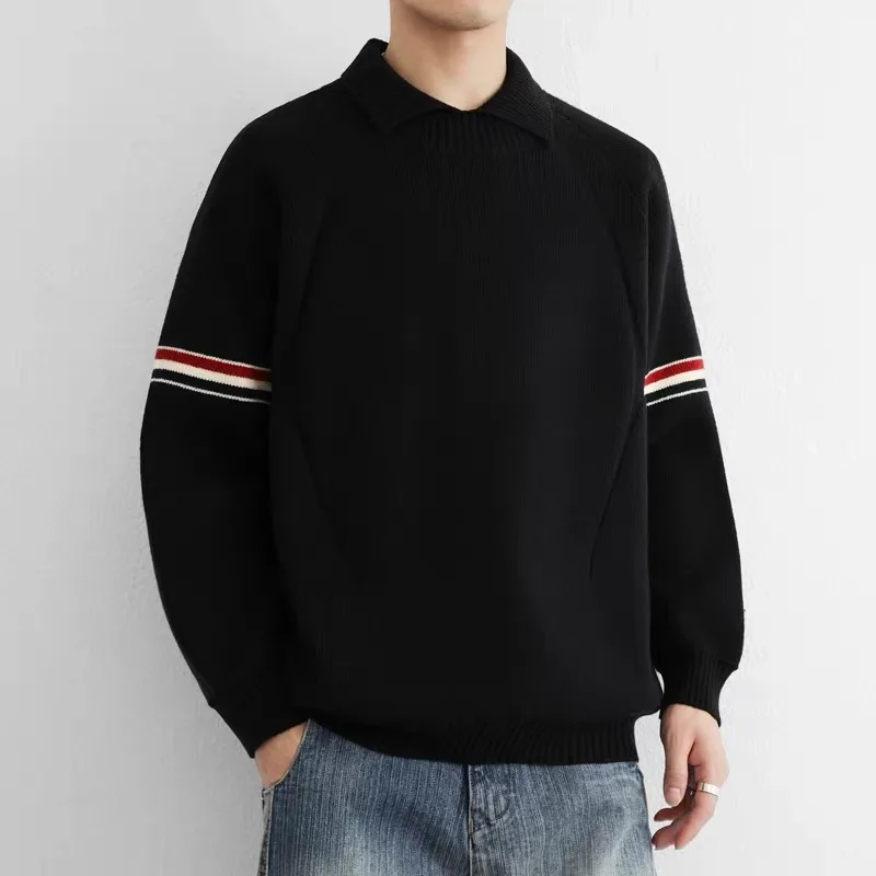 High Quality Retro Lapel Sweater Men's Winter New Fashion Brand Color Blocked Striped Design Casual Thick Warm Knitted Pullover