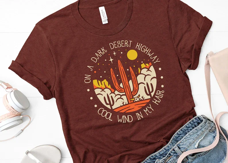 Dark Desert Highway shirts, Adventure Camping Highway Travel for Short Sleeve 100% Cotton Top Tee Funny Letter Print  O Neck y2k