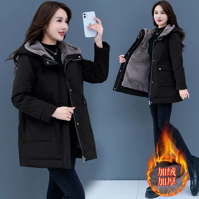 2024 Autumn Winter New Velvet Thick Warm Jacket Women\'s Korean Loose Cotton Hooded Coat Solid color Casual Female Parkas Outwear