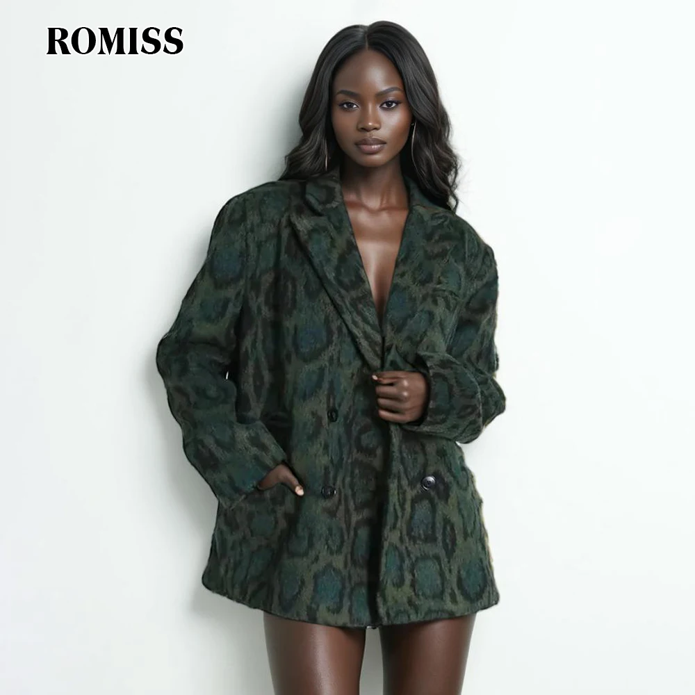 

ROMISS Vintage Leopard Blazer For Women Notched Collar Long Sleeve Double Breasted Patchwork Pocket Hit Color Blazers Female