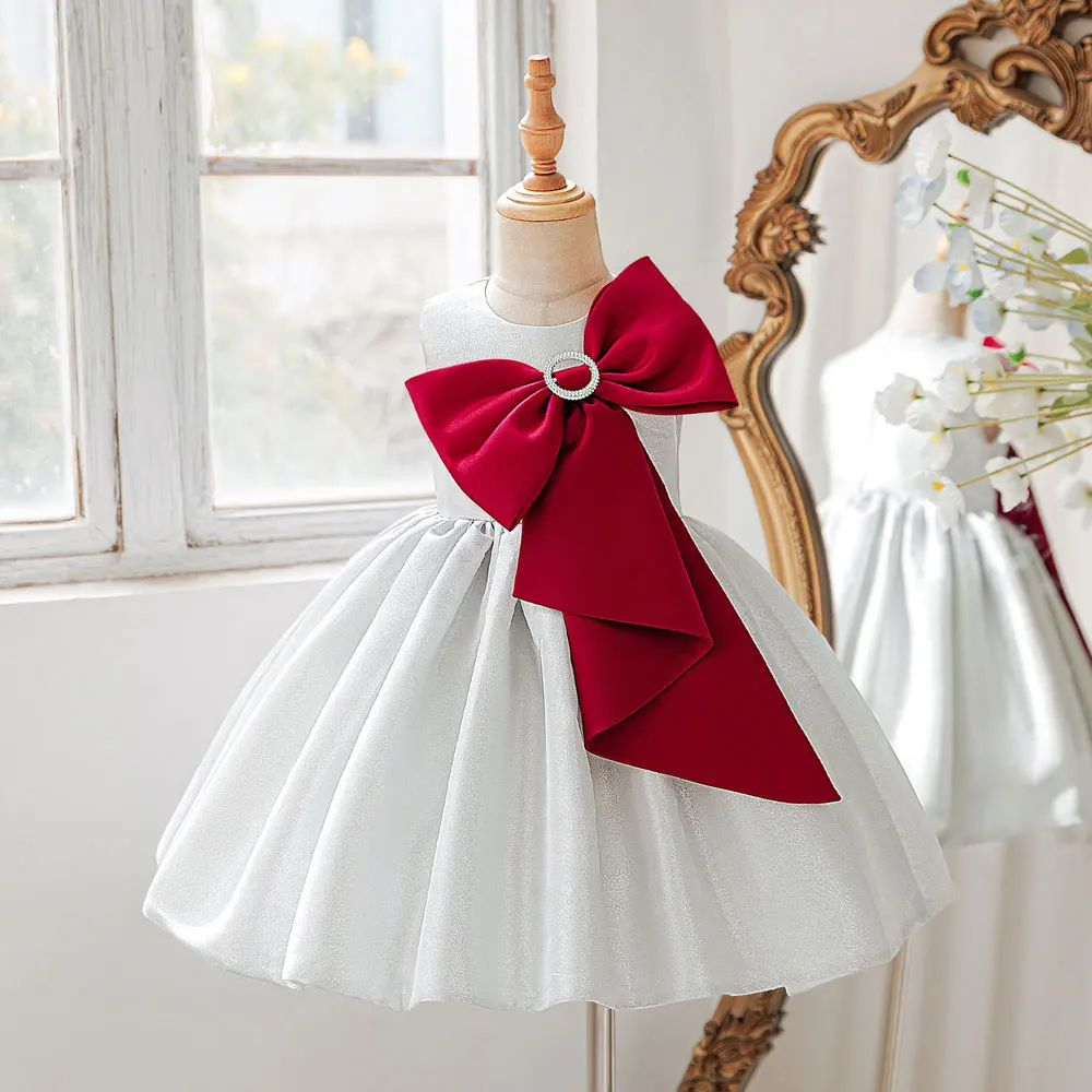 2026 2026 New Bow Girls Dresses for Party and Wedding Mesh Lace Sleeveless Bridesmaid Dresses Summer Kids Girl Evening Gown 3-8Y