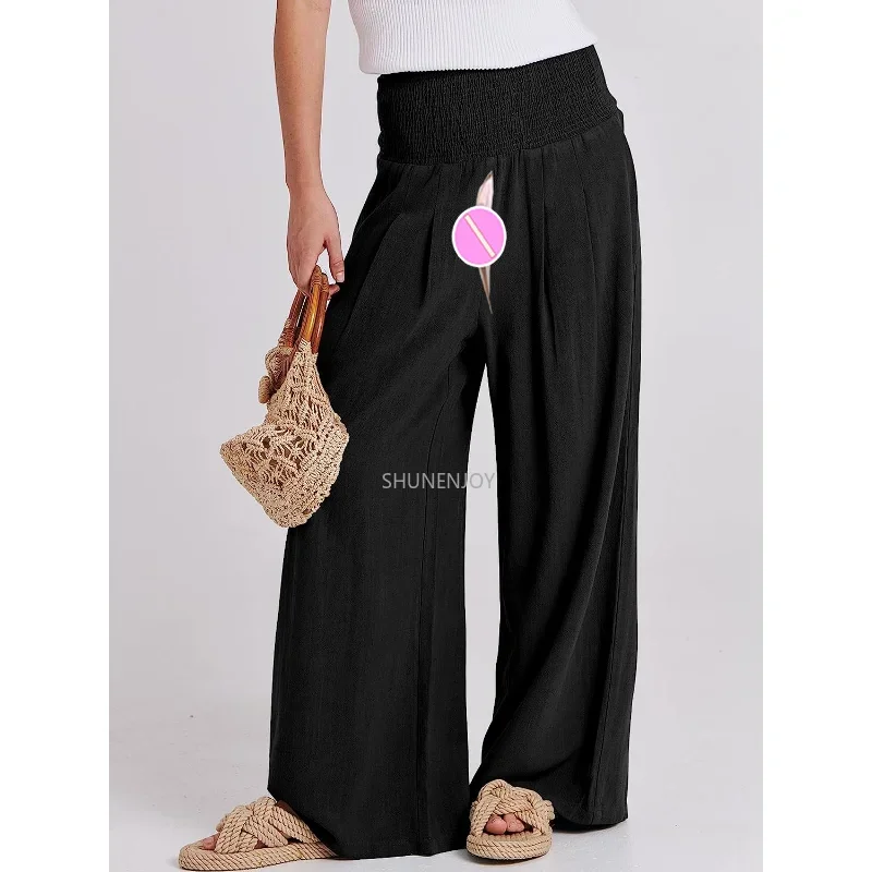 Open Crotch Outdoor Sex Pants Women Summer Bohemia Linen Wide Leg Sweatpants High Waist Casual Peach Butt Leggings Yoga Trousers