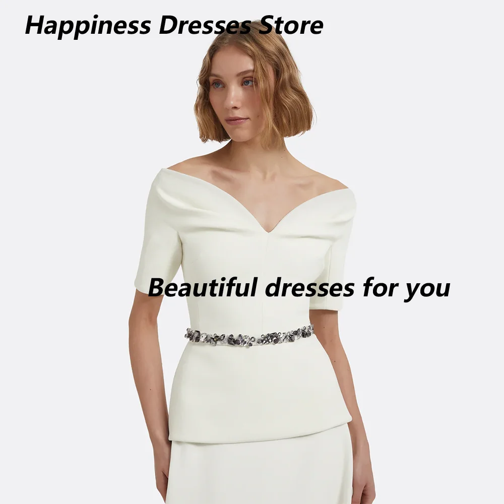 Vestidos de noite marfim para mulheres fora do ombro uma linha 2025 vestidos de noite longo cinto de cristal mangas curtas com decote em v vestido de baile