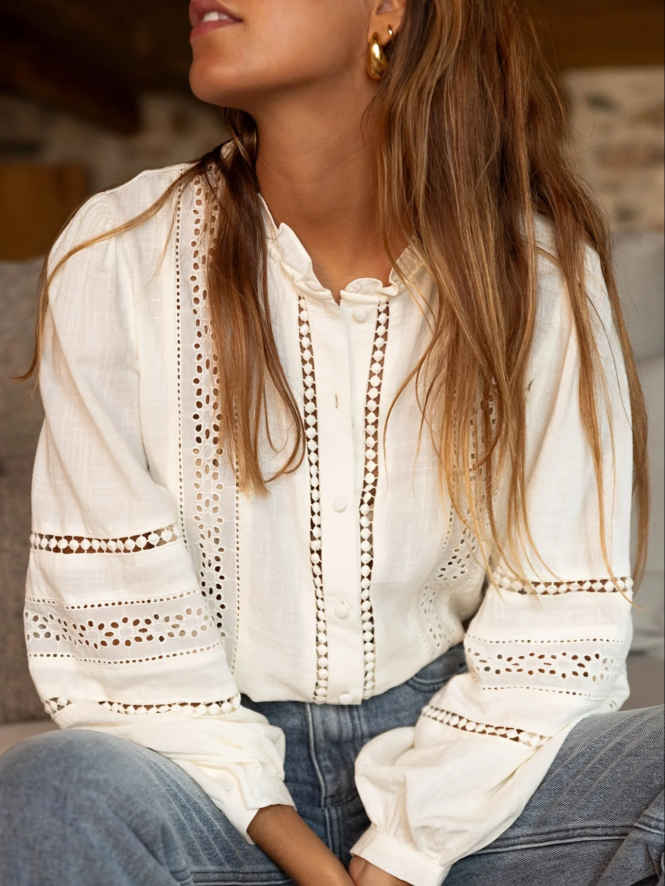 Embroidery Cotton Shirt - Женские белые рубашки с вырезами 2026,