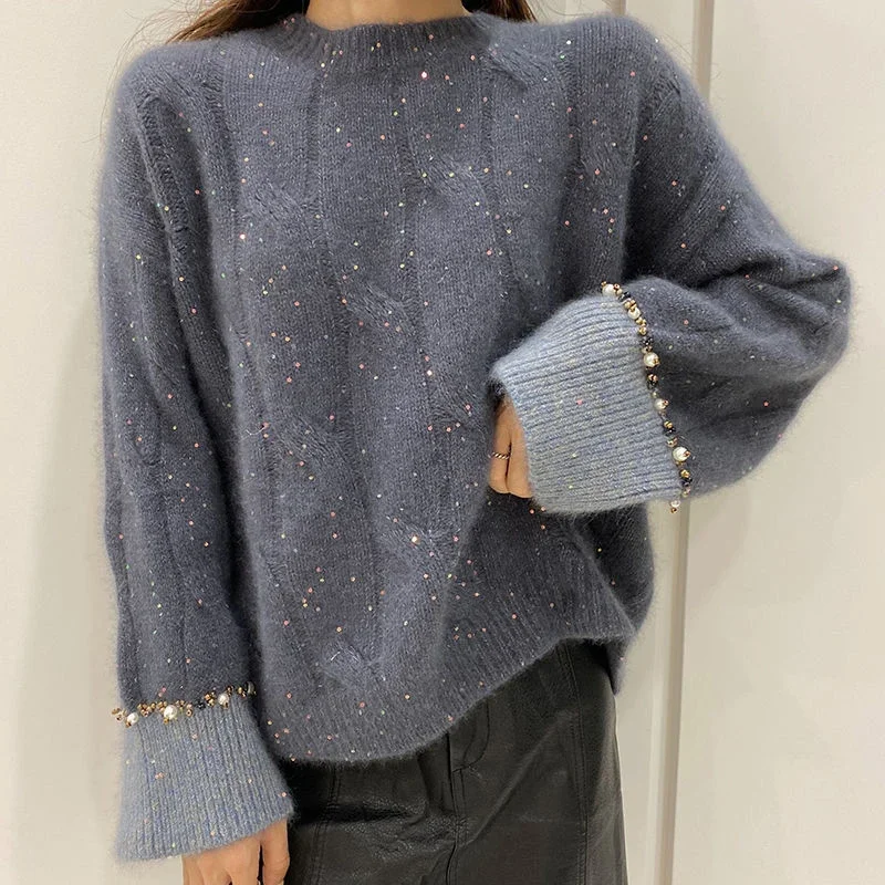 GIDYQ Vintage Thick Women Sweater Japanese Pearl Warm Soft Knit Jumper Causal Loose Lazy Wind O Neck Pullover Autumn Winter