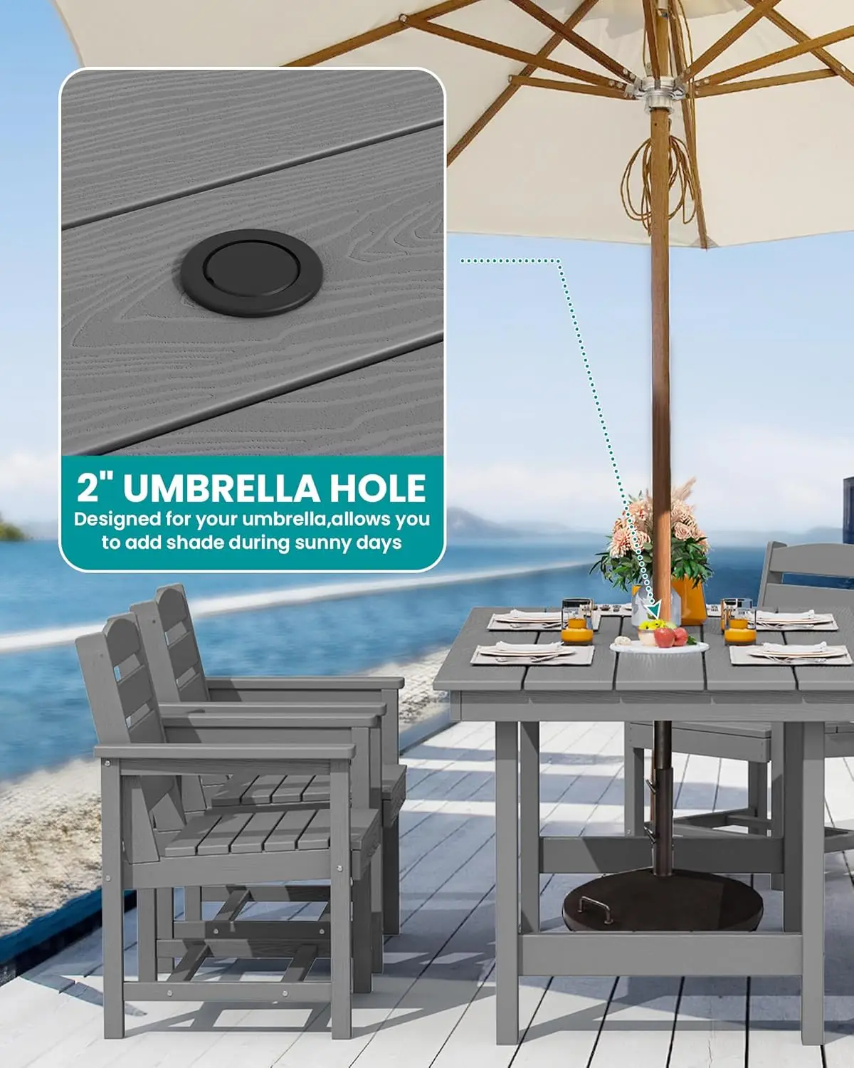 SERWALL Outdoor HDPE Dining Table Set, 7-Piece Outdoor Dining Table Sets with Umbrella Hole Cut-Out Table and 6 Chairs, Gray