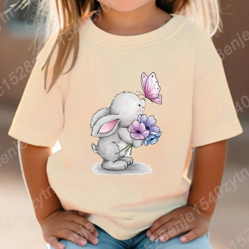 Summer Kids Loose T-shirts Children Girls T Shirts Rabbit Flower Butterfly Graphic Print Short Sleeve Tee Shirts Round Neck Tees