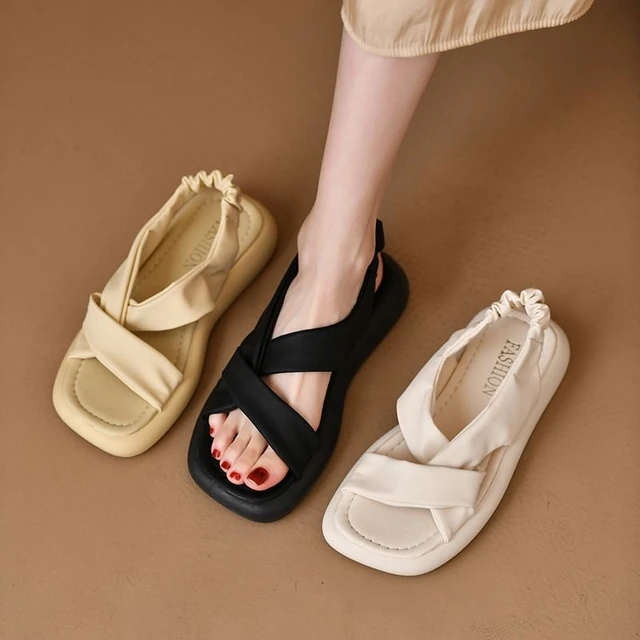 Black Flat Rubber Roman Style Ladies Shoes Pearl Summer 2024 Sandals for Women Footwear No Heel Beach Beige Casual Asian Size F AliExpress