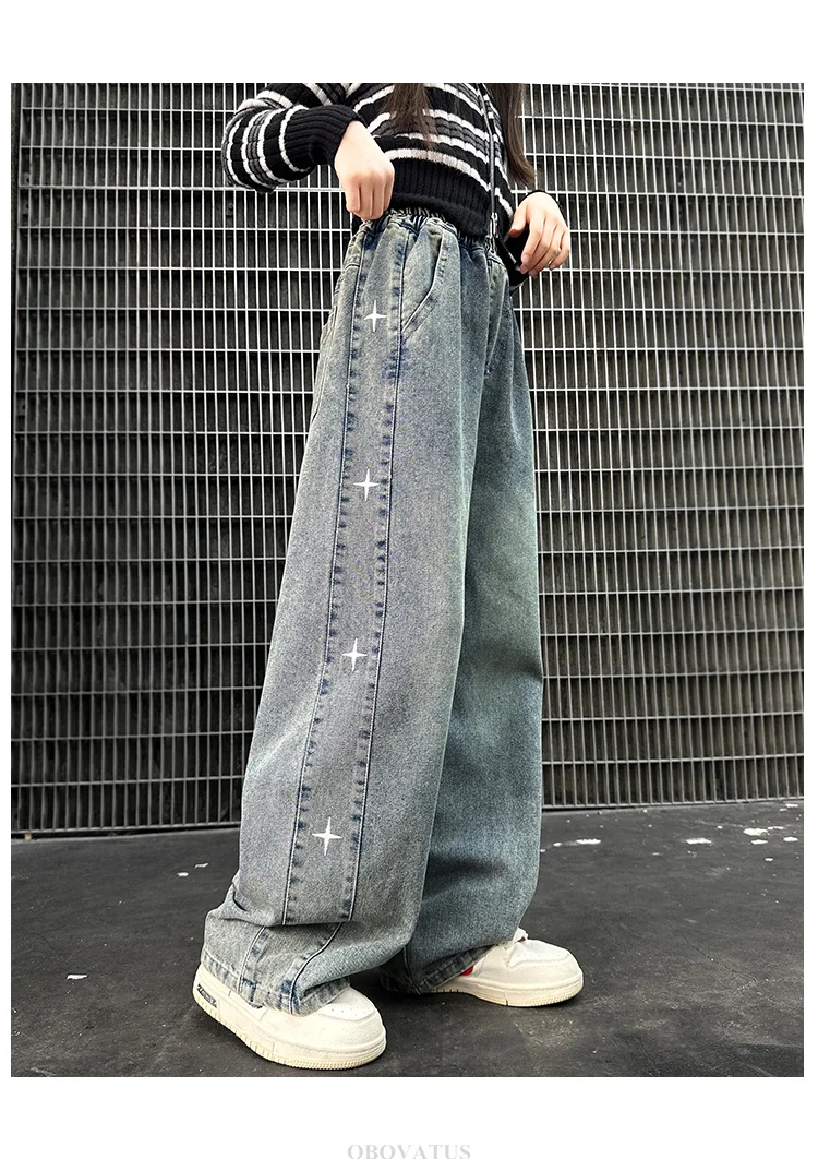 American Girls Retro-Jeans mit Sternen, Kinder Trendige Grafik-Design Gerade Denim-Hose, Kinder Street Hip-Hop Jeans Hose – Detail 2