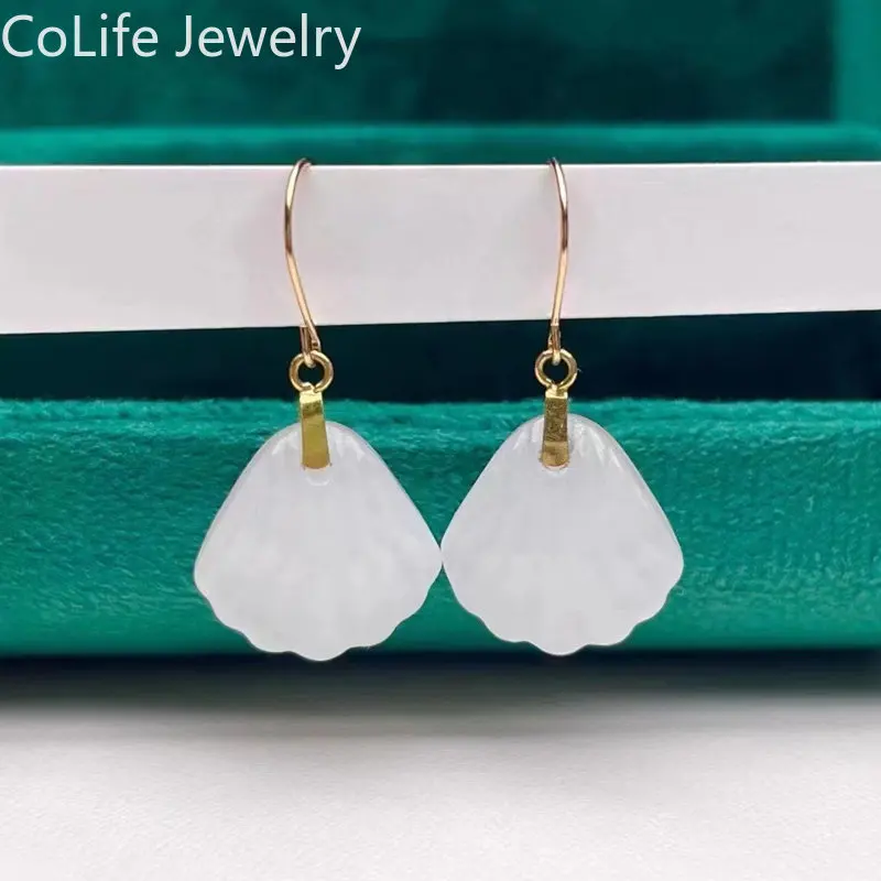 Natural White Jade Yellow Gold Earrings for Party 18K Yellow Gold Jade Dangle Chinese Style Jade Jewelry