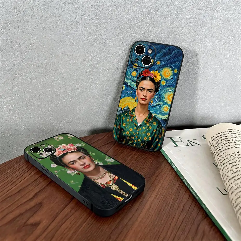 Coque de téléphone antichoc souple noire avec motifs artistiques Frida