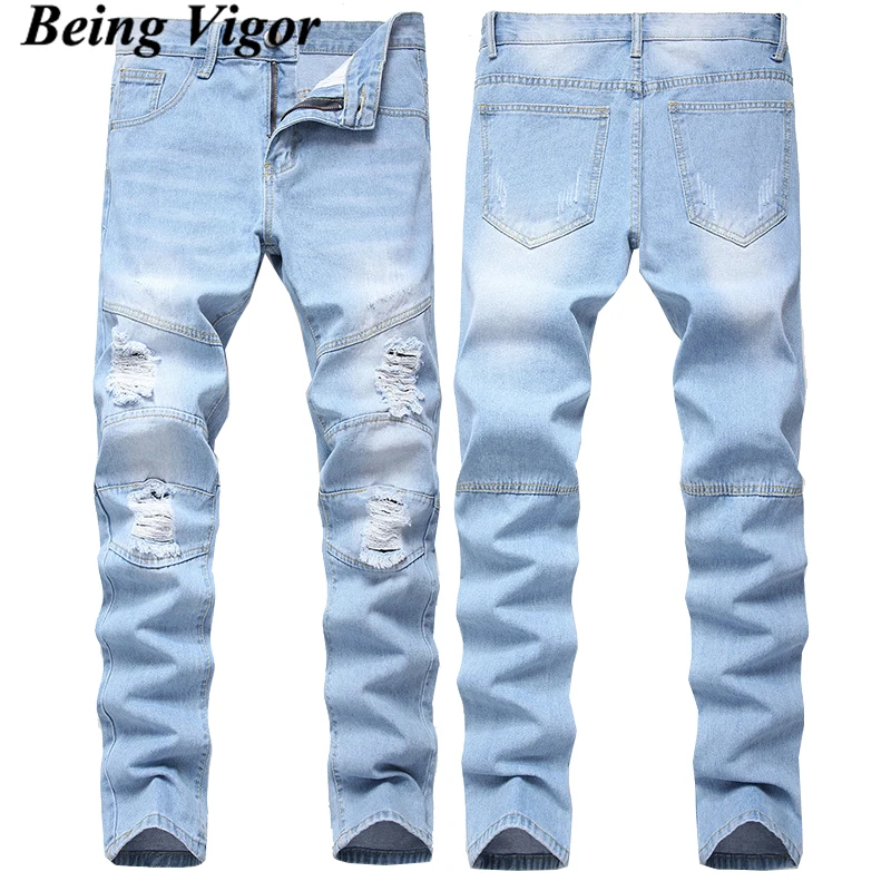 

Being Vigor High Street Slim Denim Blue Jeans Ripped Patchwork Motor Cycle Jean Pants Plus Size 42 Inch pantalones hombre