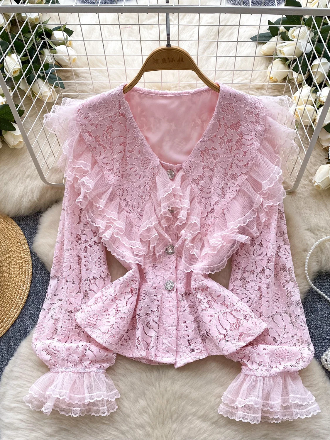 

Long Sve Lace Patchwork Doll Collar Women's irt Korean Sle Slimming Single Button Faionable Casual Office Wear