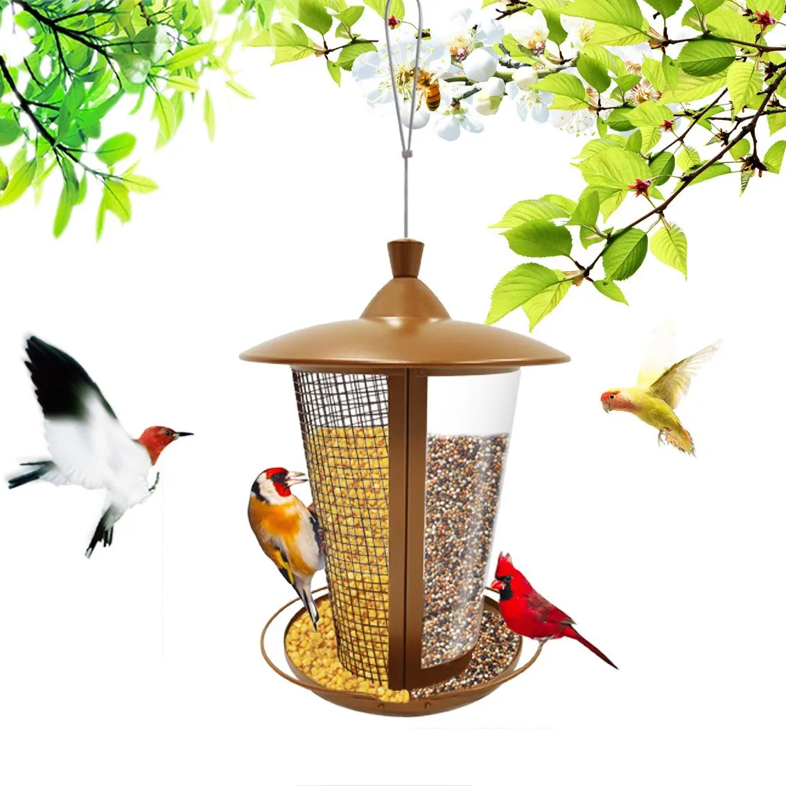 Cross-border Garden Wrought Iron Outdoor 2-in-1 Hanging Automatic Metal Hummingbird Bird Feeder Bird Feeder Bird Cage
