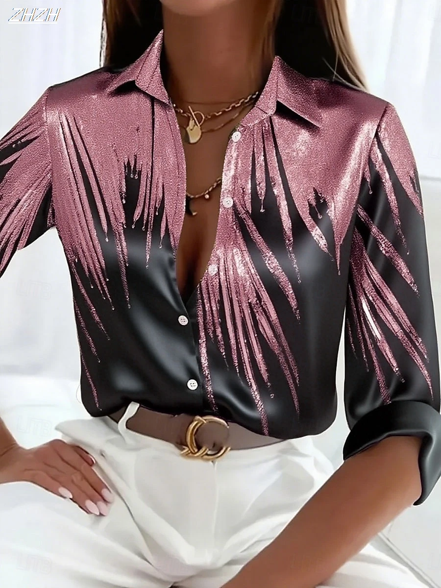 Damen-Langarmshirt 2025, Slim-Fit aus Polyester-Mischung, Ombre-Grafik, elegant, lässig, Alltagskleidung, Frühlings-Herbst-Blusenoberteile