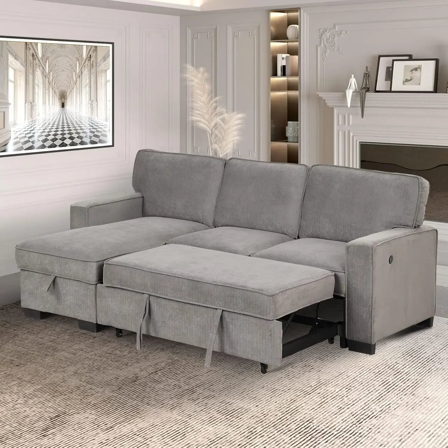 Convertible sleeper sofa 3-in-1L living room sofa with storage space, cushion sofa bed, bedroom USB port and cup holder