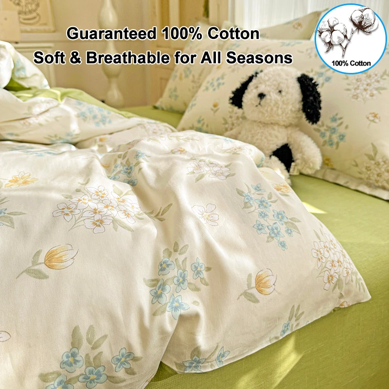 100% Cotton Floral Duvet Cover Set with 2 Pillowcases, Soft Breathable Botanical Print Quilt Cover, Bedding Set for Bedroom