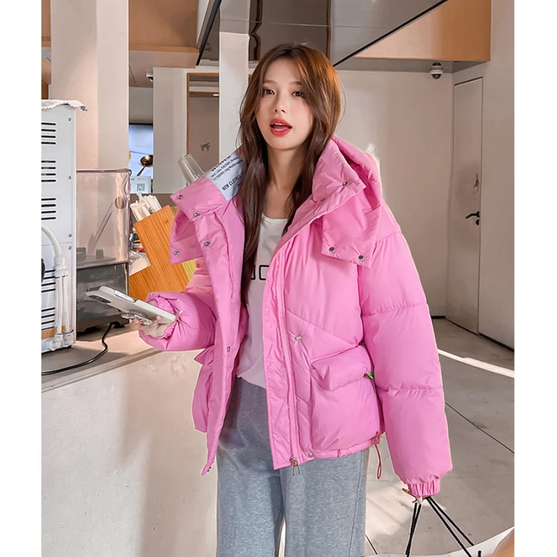 Green Down Jacket Women Coat Black Hooded Fashion American Streetwear Y2K Style Duck Down Feather Female Winter Short Outwear