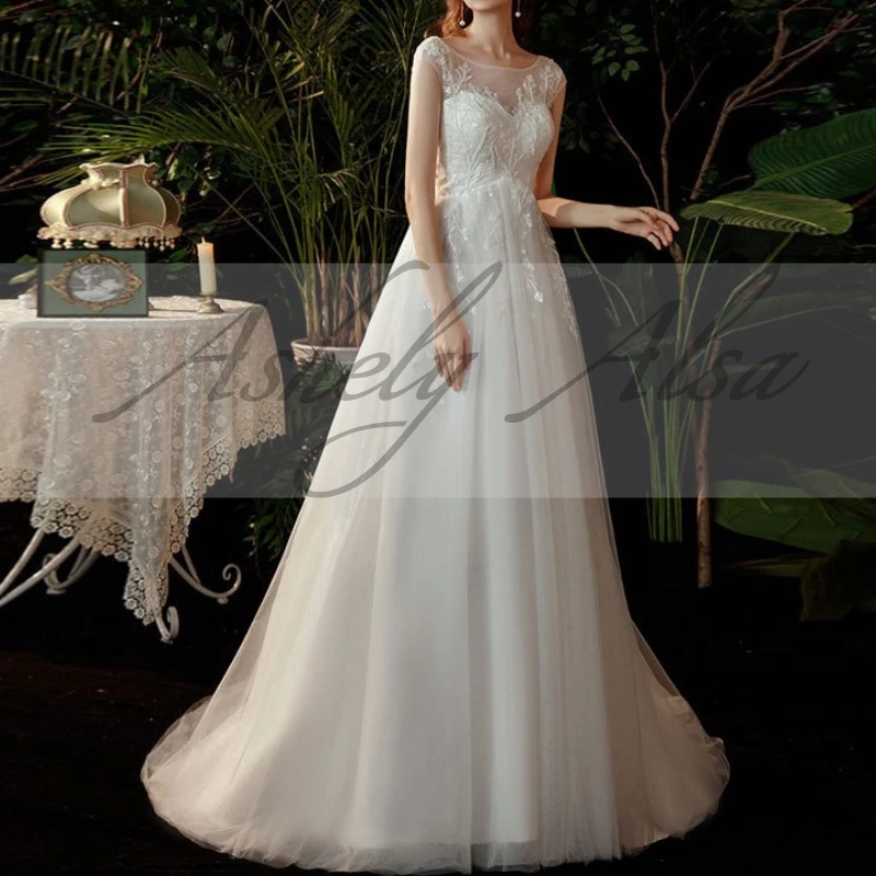 AA39 Custom Made Simple Boho Wedding Dresses Sheer Neck Lace Applique A Line Long Bridal Gown Women Evening Formal Wear Vestido