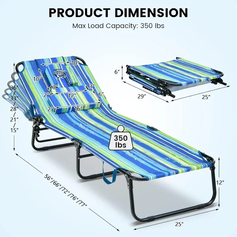 

Tanning Chair, 350lbs Beach Lounge Chair with Face Hole, Washable Pillow & Carry Strap, Adjustable Folding Chaise ,Layout Chair