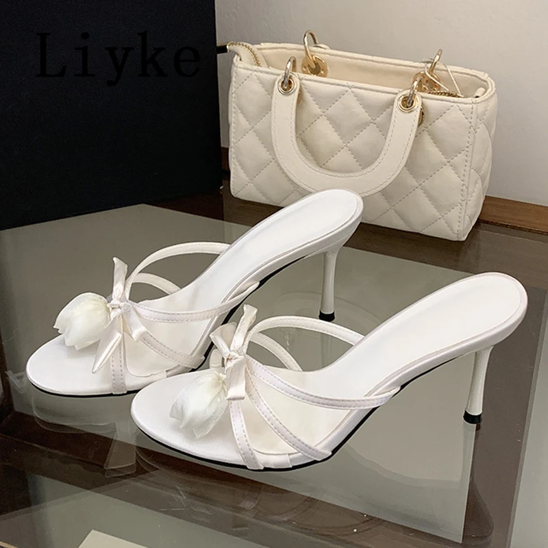 

Liyke Brand Fashion Flower Butterfly Knot Women Slippers Sandals Summer Open Toe Thin Heels Designer Slides Shoes Female Mules