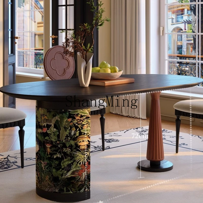 

ZYH solid wood retro home oval dining table medium ancient black ash wood dining table