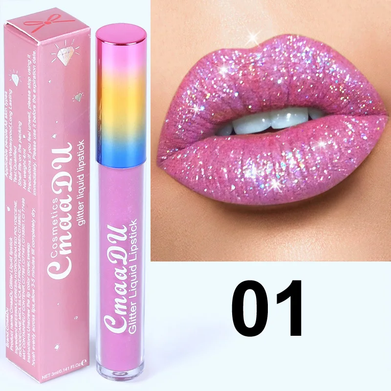 CmaaDu Shimmer Lip Gloss Diamond Glitter Lip Tint Waterproof Long Lasting Matte Liquid Lipstick Red Purple Lipgloss Women Makeup