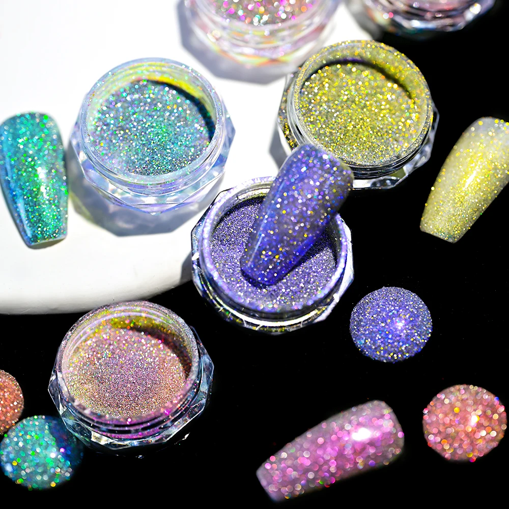 0,3 g/Box Aurora Crushed Diamond Glitter Nail Art Pulver Ultradünne polarisierte Chamäleon Chrom Pigment Holo Maniküre Reibstaub