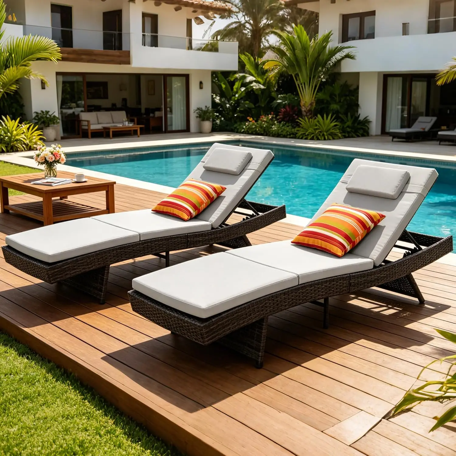 Adjustable Wicker Chaise Lounge Set of 2 with Cushions & Pillows for Patio Deck Yard, Brown Resin Rattan, Grey, Customized