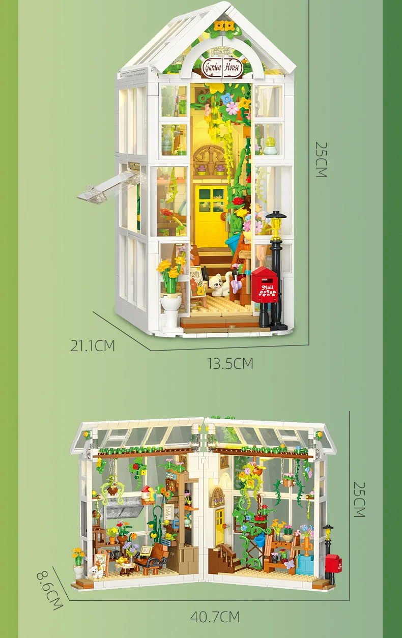 Idea Architecture Buchstützen Baustein Gewächshaus Blumenhaus Modell Konstruktionssteine Buchständer Modellspielzeug mit Licht – Detail 10