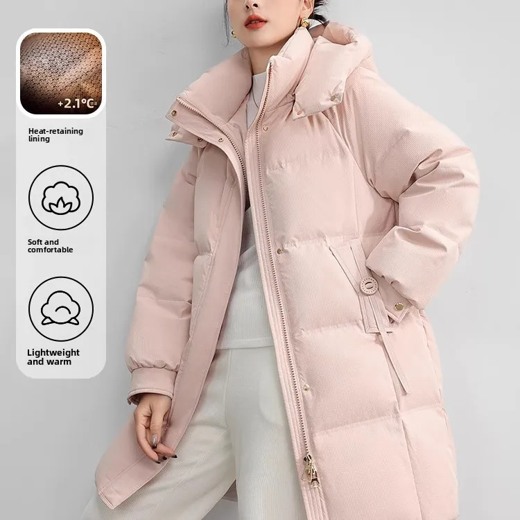 

Women's Mid-Length down Cotton Jaet Thiened Winter Coat Korean Sle Loose Fit Trendy Zipper Closure Long Sve Hooded