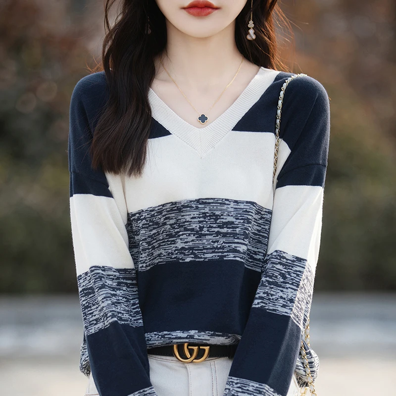 Fashion Women's Cotton V-neck Color Matching Long-Sleeved Sweater Autumn New Sweater