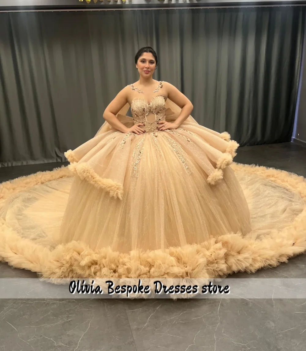 샴페인 튤 15세 퀸시에라 드레스 2026 오프숄더 비즈 장식 멕시코 생일 무도회 드레스 맞춤 제작