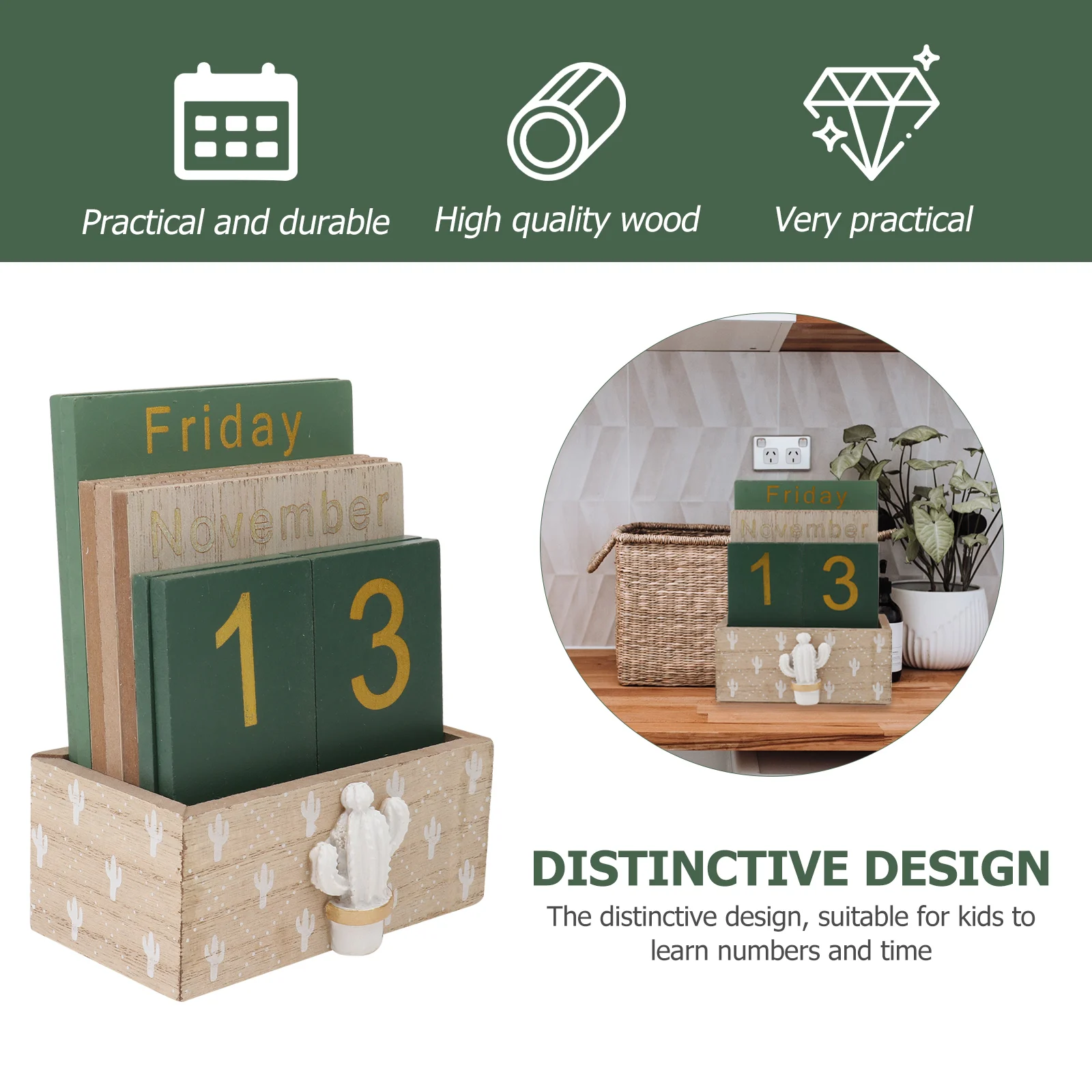 1 conjunto de calendário de mesa de madeira cacto, ornamento de mesa simples e elegante, material de escritório, artesanato de madeira, decoração de mesa chique