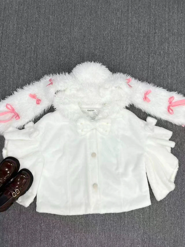 

Winter Kawaii Bow Loose Shawl Women Sweet Lovely Soft Plush Cape Woolen Coat Girl Japanese Fashion Elegant Trendy Warm Outerwear