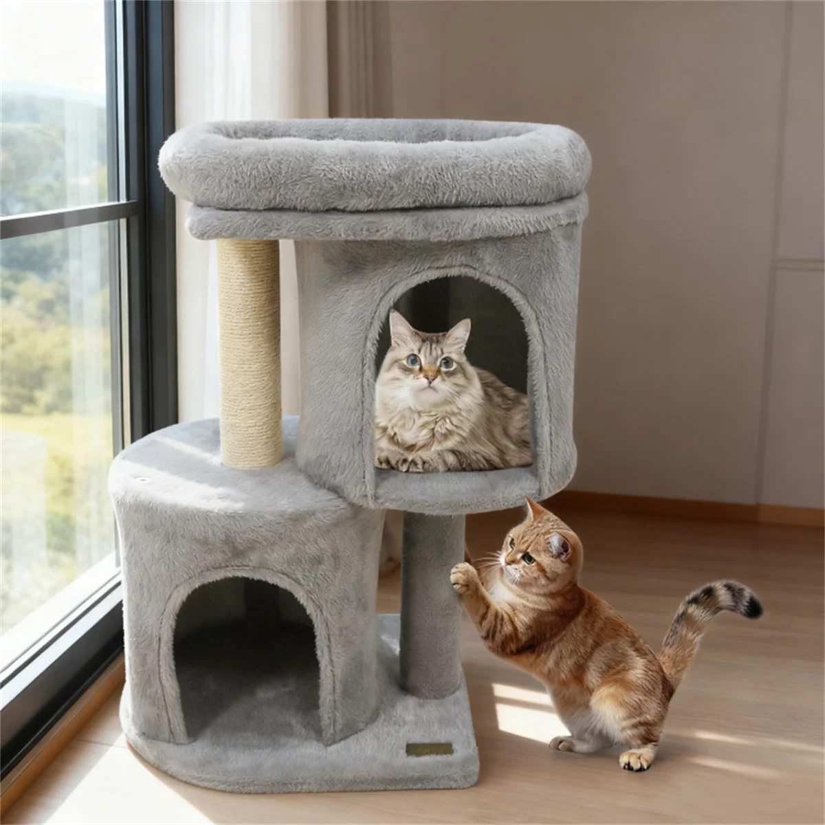 

26" Compact Cat Tree with 2 Condos & Sisal Scratching Posts, Anti-Tip Cat Tower for Small Spaces
