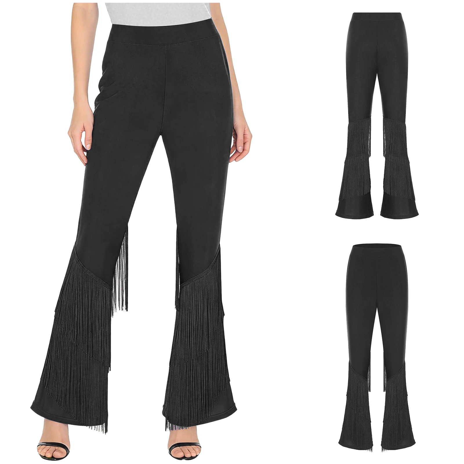 

Women's Flowing Salsa Latin Dance Pants with with Tiered Tassel on Legs Elegant Latin Jazz Dance Long Pants for Stage Events