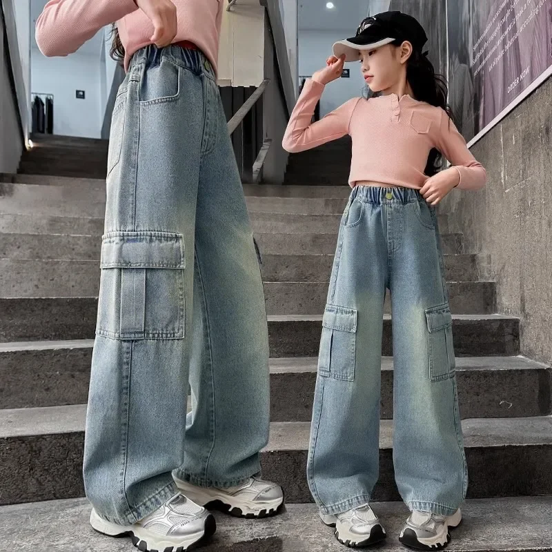 

Girls Loose Wide-leg Jeans Trousers Children Vintage Solid Big Pocket Straight Denim Pants Spring Autumn Clothing 5-12 Years
