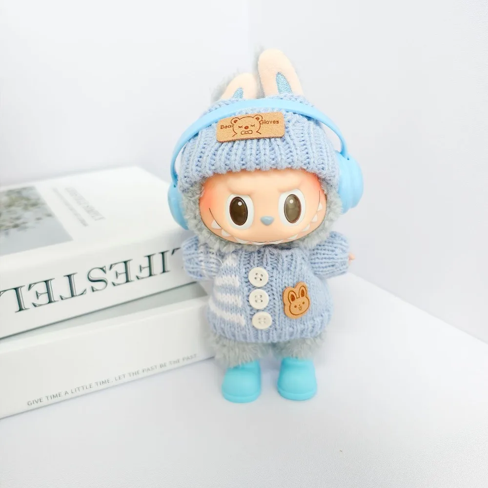 Voor 15-17 cm Labubu Kleding outfit Labubu Zitten Feest Beer Label Sjaal Hoed Poppen Accessoires Leuke Decoratie