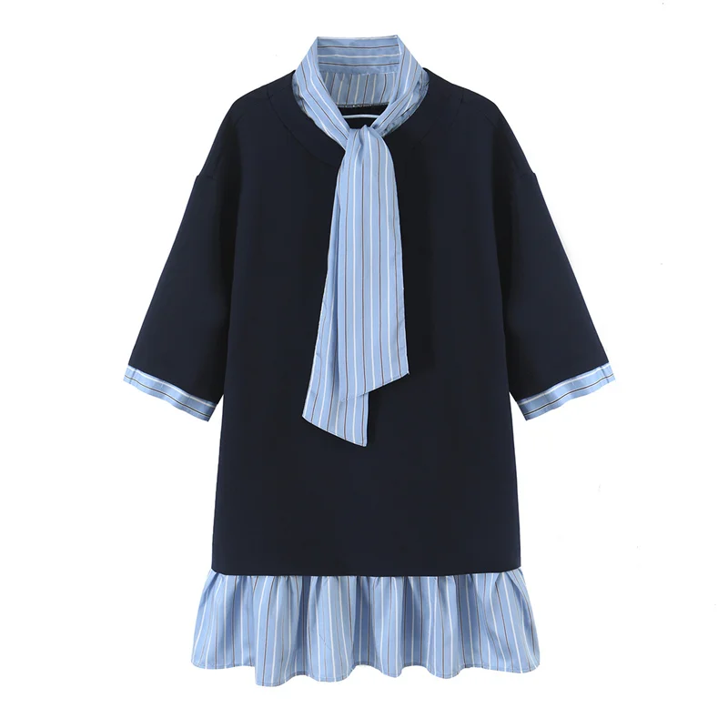 Guobioziy 2026 Women's Dress Fall New Arrival Dark Blue Patchwork Bow Decor Short Dress College Style Trendy