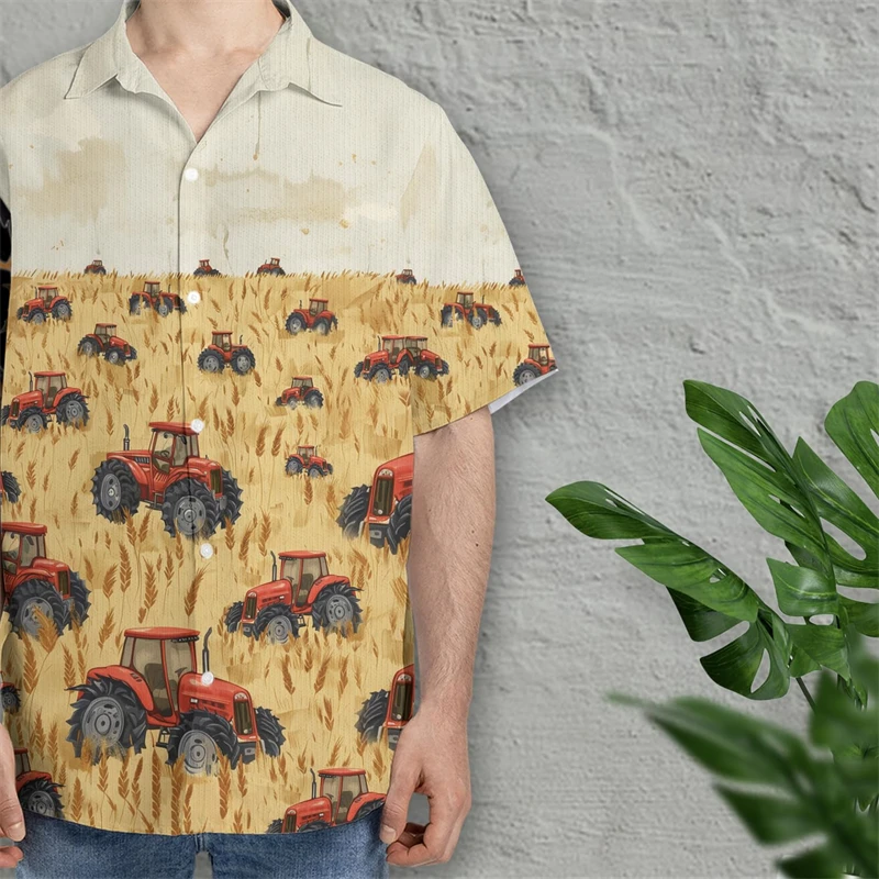 Fashionable Tractor 3D Print Men's Shirt Outdoor Casual Lapel Shirt Summer Outdoor Hawaii Beach Vacation Quick-Drying Shirt